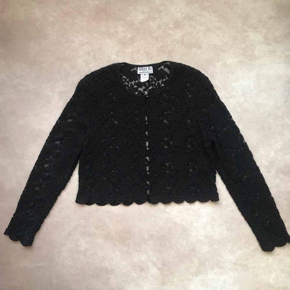 Vintage Robbie Bee Black Lace Cardigan Scalloped Hem Beautiful Single Button